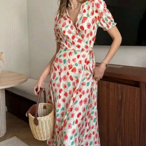 Women's Elegant Retro Ditsy Floral Wrap Dress, Spring/Summer Floral Wrap Dress - Picture 1 of 6